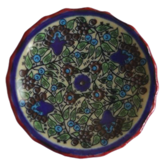 Ceramic Round Knob - Green, Blue, Maroon Flowers, Berries Pattern