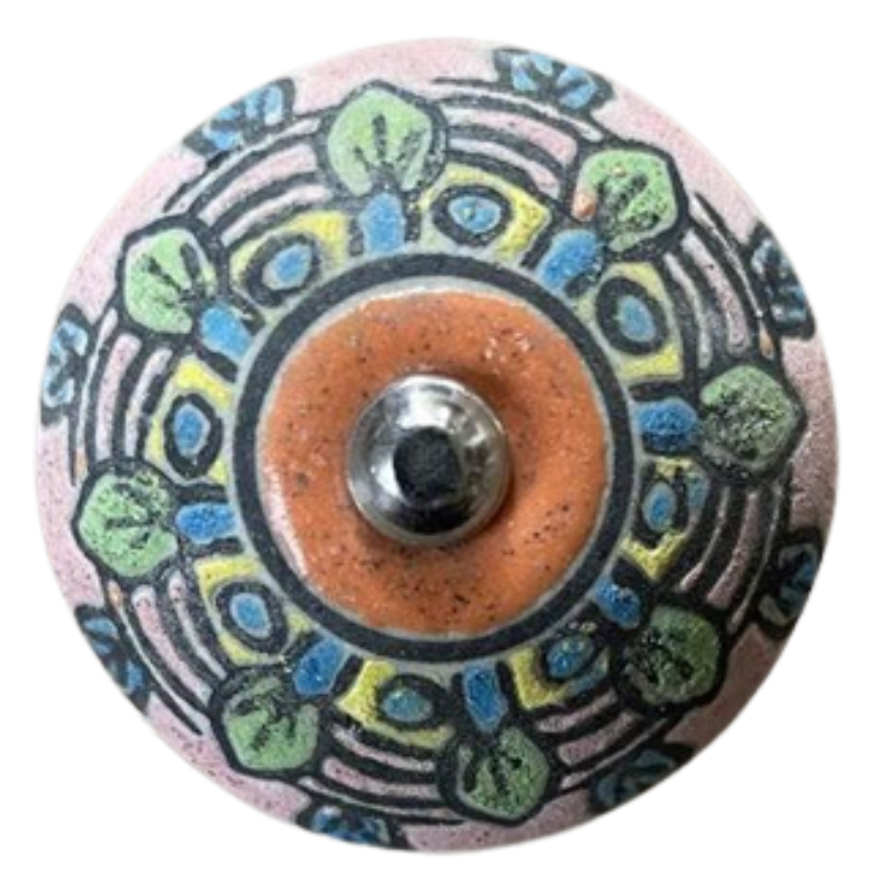 Ceramic Round Knob - Green, Yellow and Blue Pattern