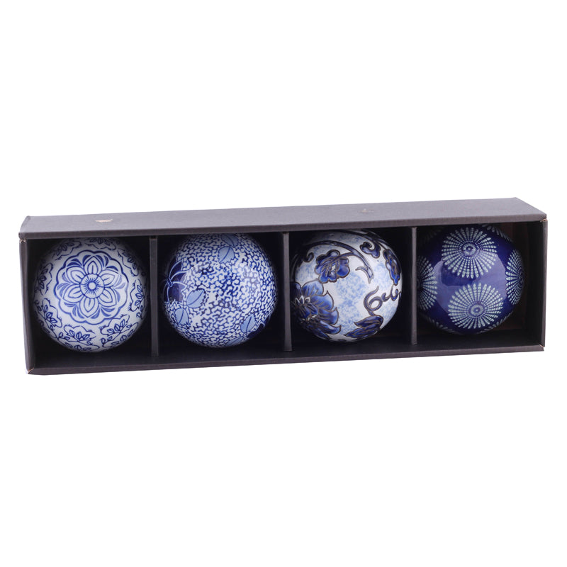 Corfu Decor Ball - Blue Ceramic with Painted Flowers (Set of 4)