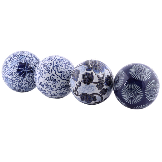 Corfu Decor Ball - Blue Ceramic with Painted Flowers (Set of 4)
