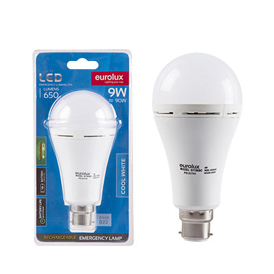 Eurolux - Rechargeable B22 LED Bulb/Lamp 9w in a Blister Pack, Lighting - G1109BC