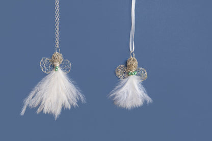 Karoo Angels - White Feathers and Silver Wire Malachite Juweel Pendant