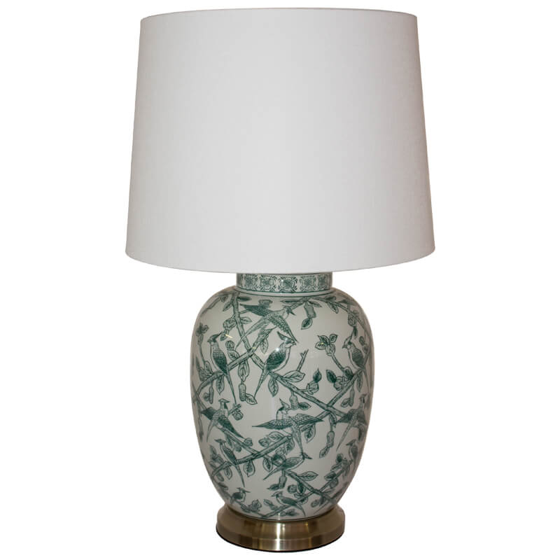 Vase Lamp in Ceramic with painted Green Birds and Leaves, with White Fabric Shade, Lighting
