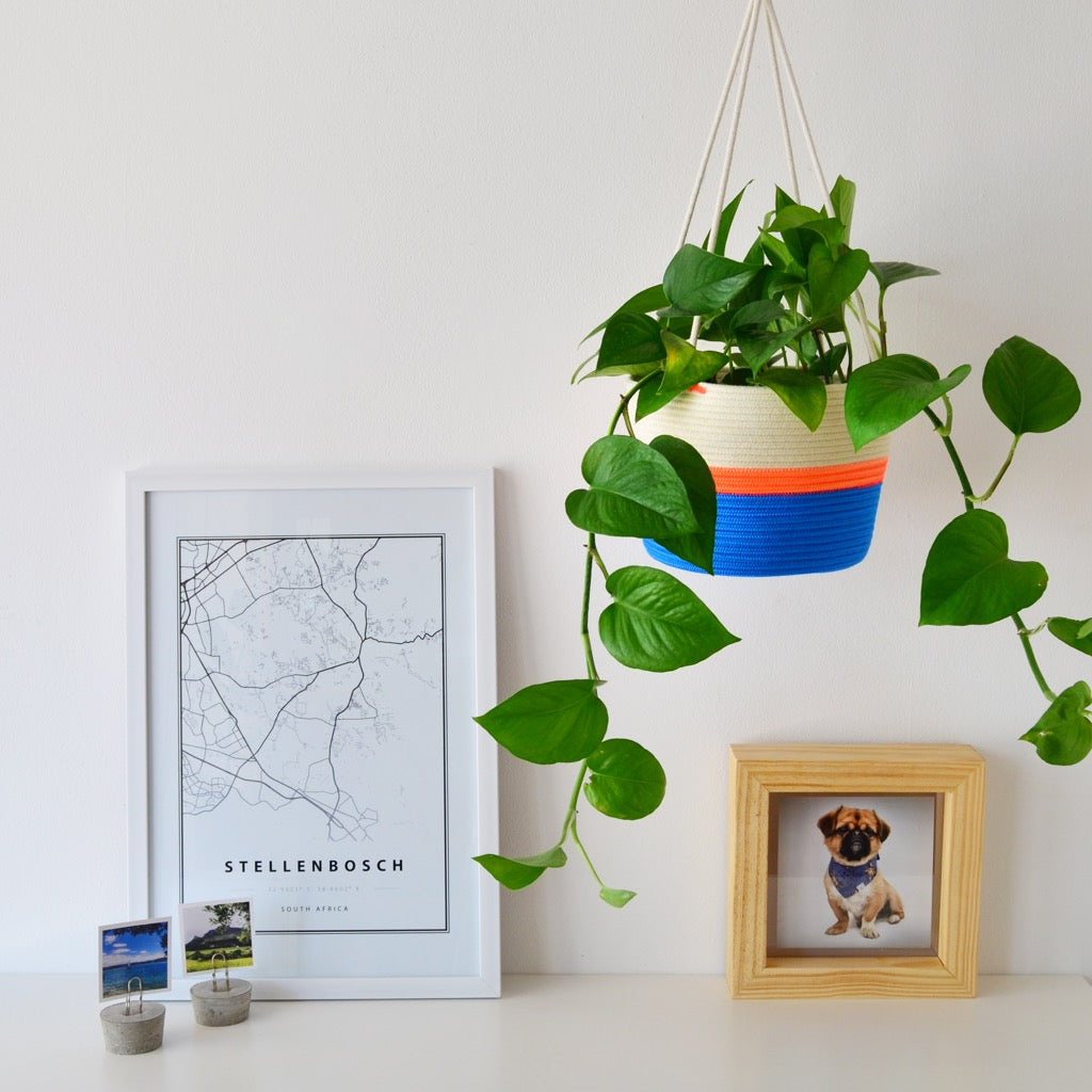 Hanging Planter - Ocean Blue & Neon Orange