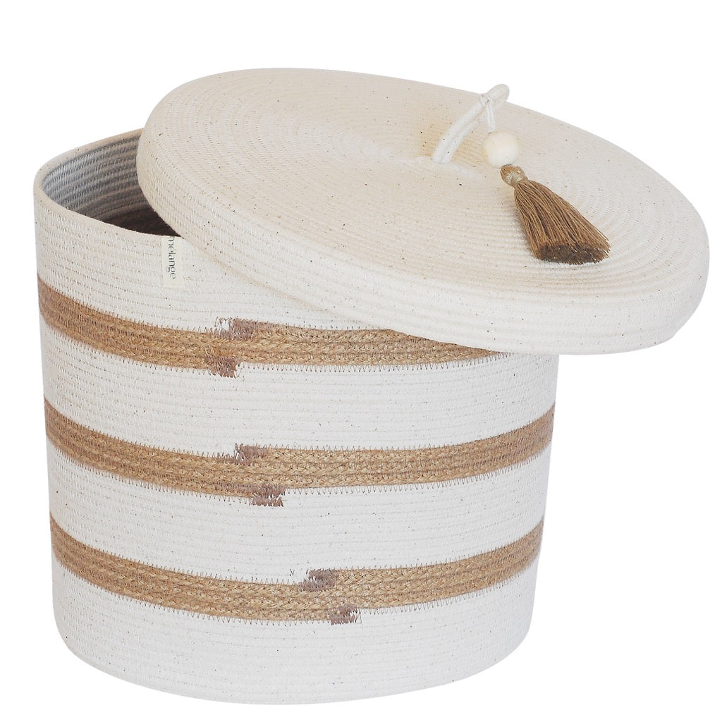 Lidded Cylinder Basket - Ivory & Jute Stripes