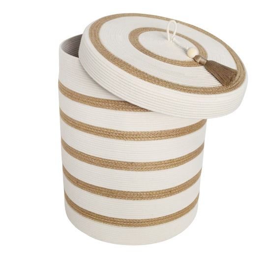 Lidded Laundry Basket - Ivory with Jute Stripes