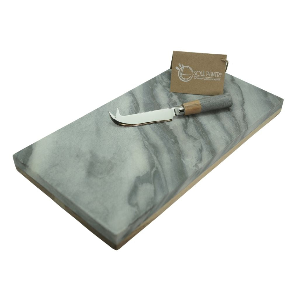 Small Marble and Wood Cheese Platter with Cheese Knife by Soul Pantry