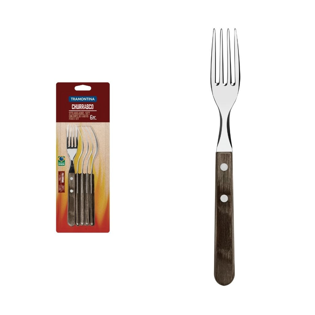 Steak Forks Set - 6 Piece. Stainless Steel Blade with Brown Polywood Handle - Braai - Tramontina- TRM-21110690