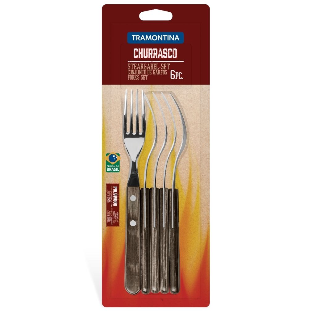 Steak Forks Set - 6 Piece. Stainless Steel Blade with Brown Polywood Handle - Braai - Tramontina- TRM-21110690