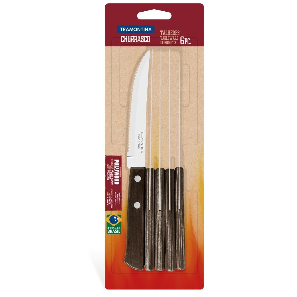 Steak Knives Set - 6 Piece -10 cm Stainless Steel Serrated Blade with Brown Polywood Handle - Braai - Tramontina- TRM-21109694