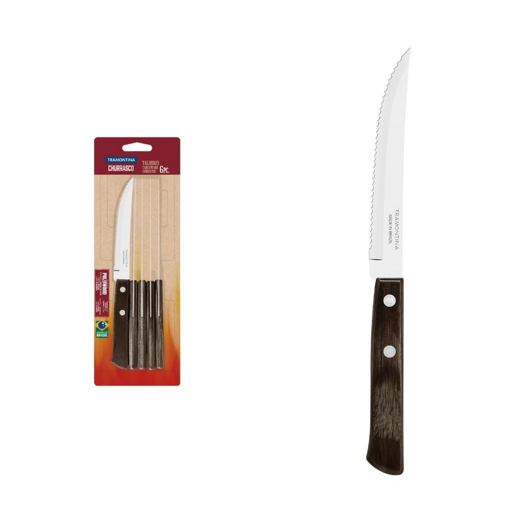Steak Knives Set - 6 Piece -10 cm Stainless Steel Serrated Blade with Brown Polywood Handle - Braai - Tramontina- TRM-21109694