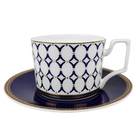Teacup and Saucer - Surrey - White, Blue and Gold Pattern  - by Nicolson Russell