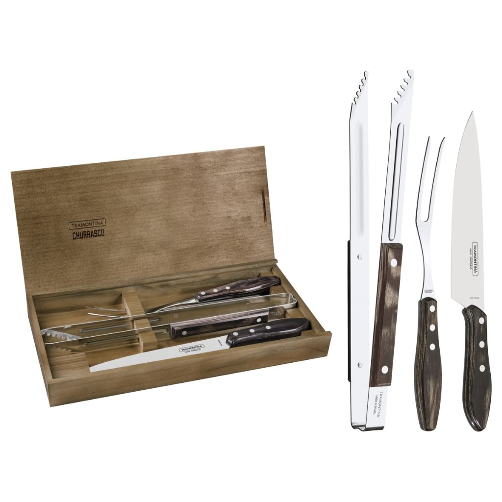 Tramontina Stainless Steel Braai  Barbecue Set with Brown Polywood Handles and Wood Case, 3pc set