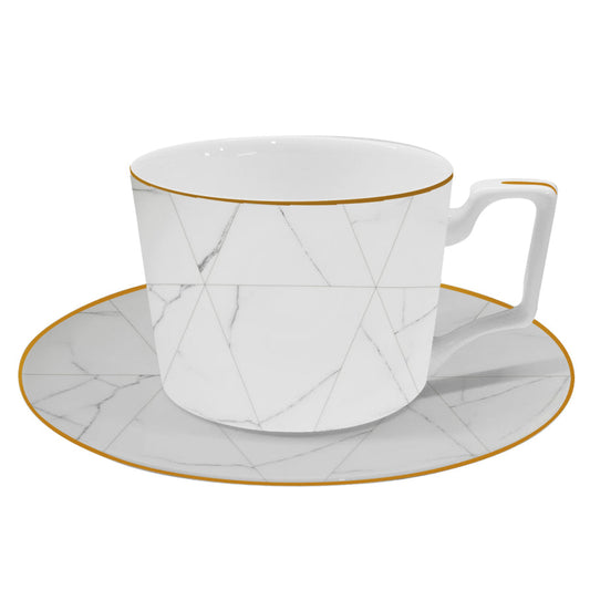 Teacup and Saucer - Vatican - White, Gold with Grey Geometric Pattern - by Nicolson Russell