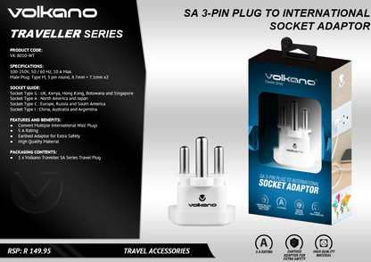 Volkano Traveller Series - SA 3-Pin Plug to International Socket Adaptor