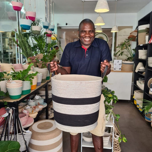 Leather Trim Floor Basket L  - Liquorice - SALE