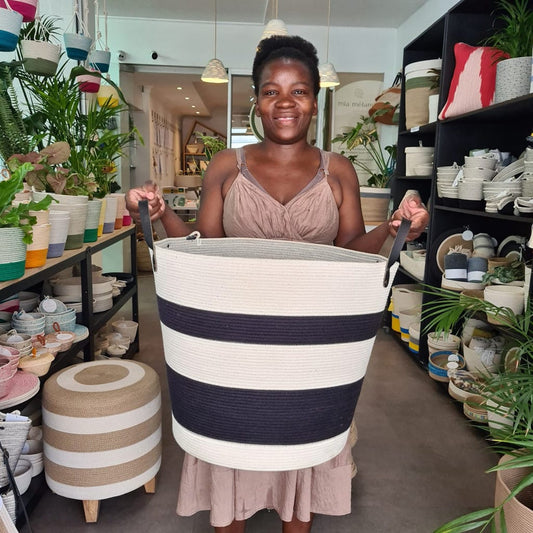 Leather Trim Floor Basket L  - Black & Ivory Striped - SALE