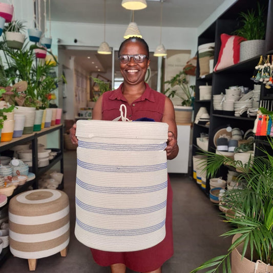 Lidded Laundry Basket L - Stitched Striped (Blue) - SALE