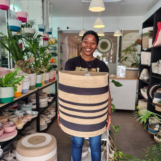 Floor Basket L - Jute & Black Striped - SALE