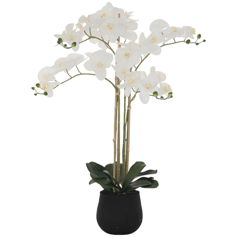 White Artificial Large Orchid in a Black Pot - 90cm