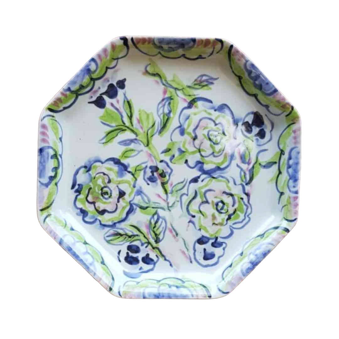 Esra Bosch - Medium Eight Sided Serving Platter (Blue & Green Roses)