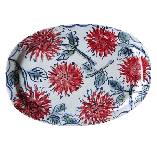 Large Oval Ceramic Hand Made Dish - Painted with Red Florals - Esra Bosch