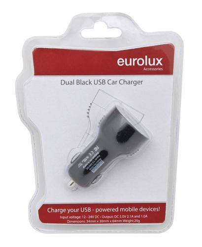 Eurolux - DUAL USB Black USB CAR CHARGER
