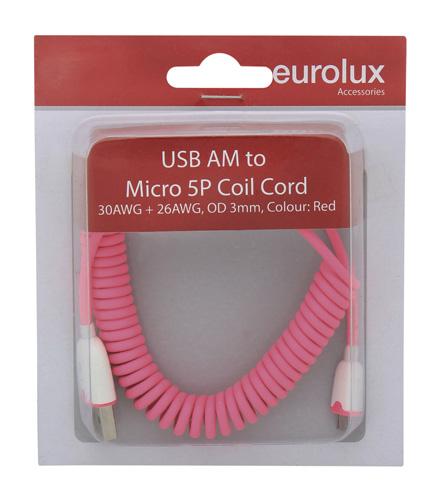 Eurolux - Pink USB AM to Micro 5P Coil Cord Pink