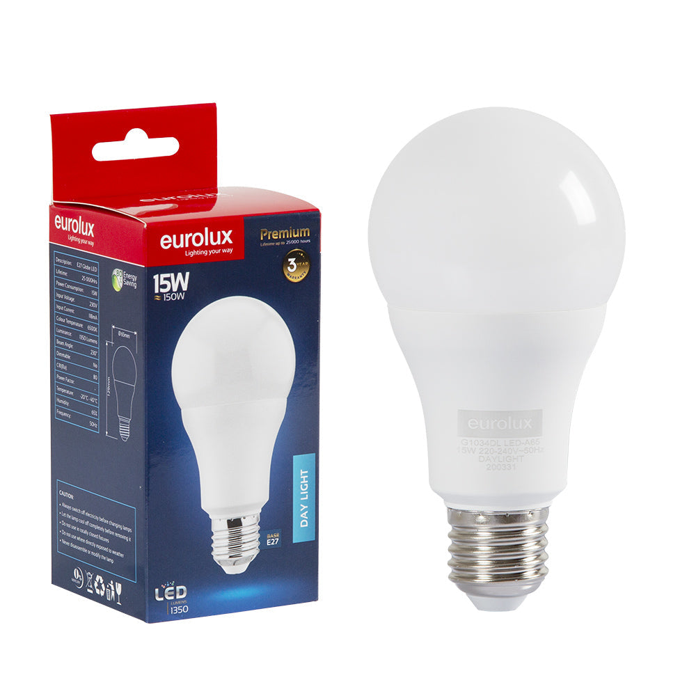 Eurolux - LED A60 Globe 15w E27 Daylight 6500k Opal - Lighting, Lights- G1034DL