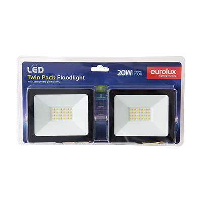 Eurolux - LED 20w Floodlight 4000K Black Twin Blister