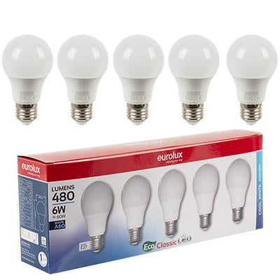 Eurolux - LED A60 Classic E27 6w 4000K 5 Pack