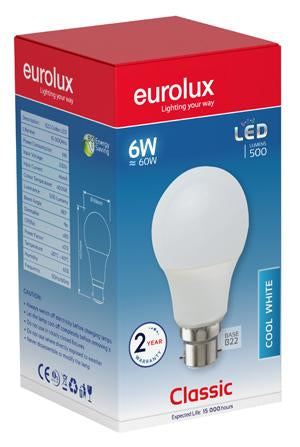 Eurolux - LED A60 Globe Opal B22 6w Cool White