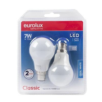 Eurolux - LED A60 Globe Opal B22 7w CW Twin Pack