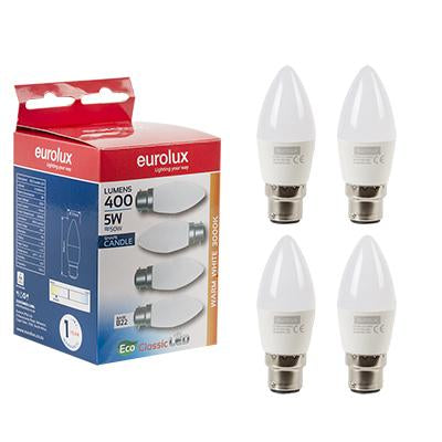 Eurolux - LED Candle B22 5w 3000K 4 Pack