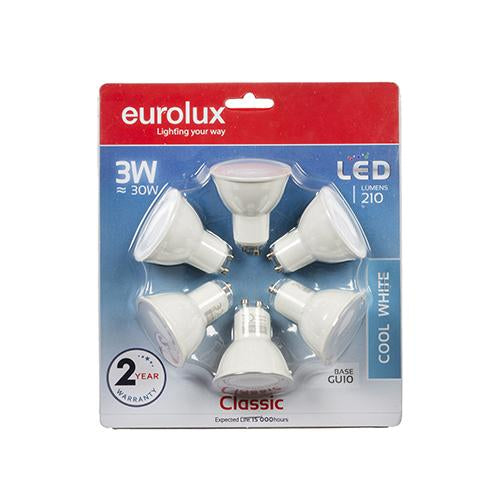 Eurolux - LED Plastic GU10 3w Cool White 4000K 6 Pack