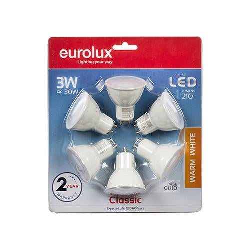 Eurolux - LED Plastic GU10 3w Warm White 3000K 6 Pack