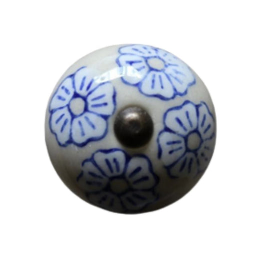 Ceramic Round Knob - Blue and White Flowers