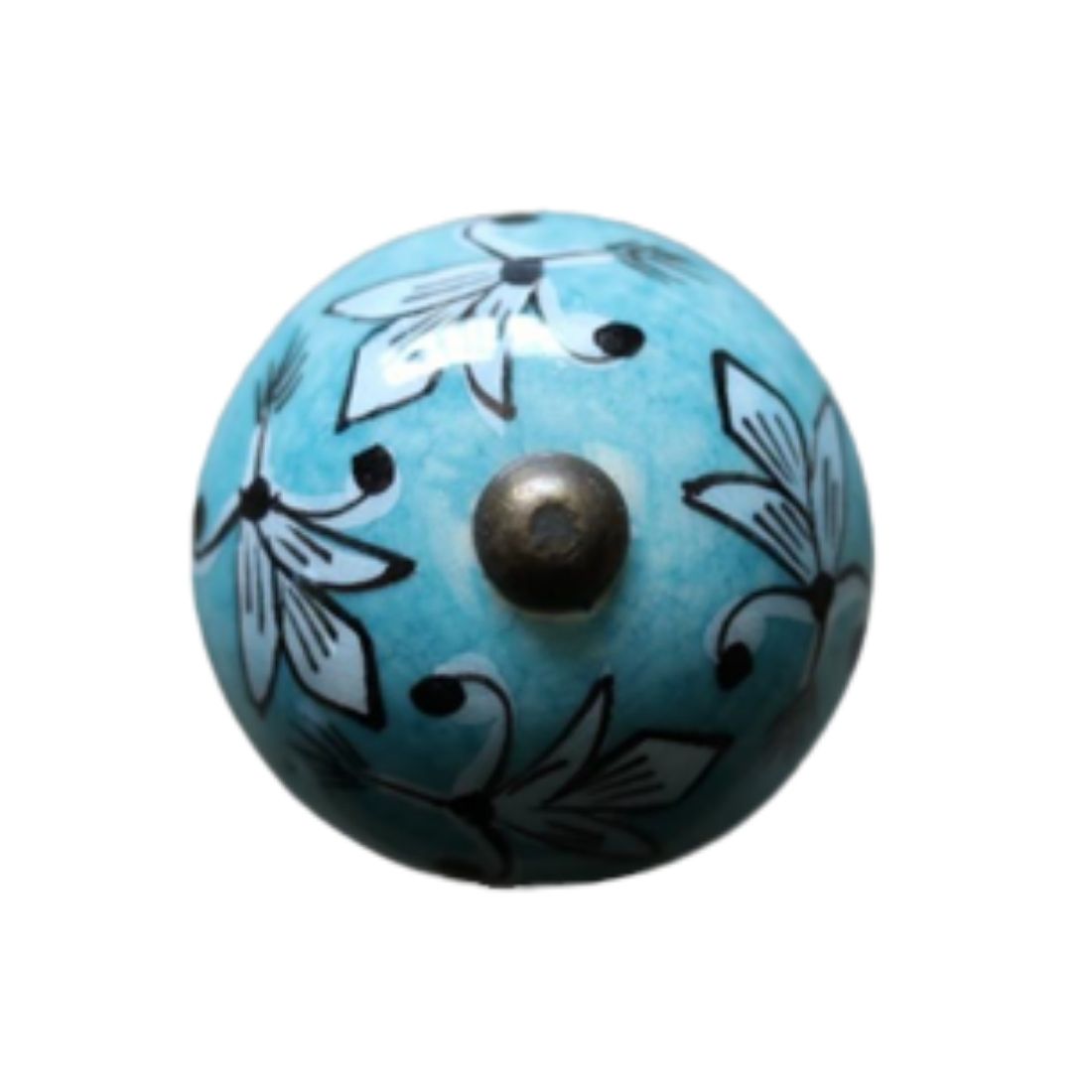 Ceramic Round Knob - Blue, Black and White Flowers