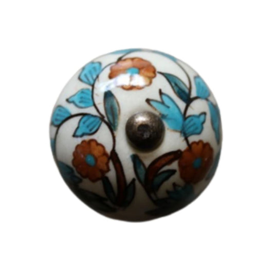 Ceramic Round Knob - Bohemian Teal and Brown Flower Pattern
