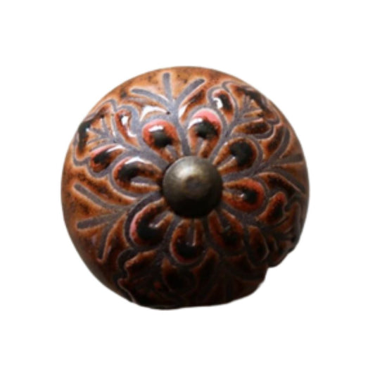 Ceramic Round Knob - Brown and Red Pattern