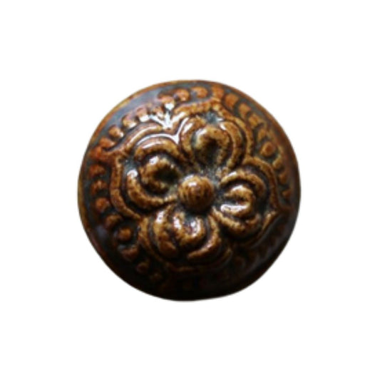 Ceramic Round Knob - Brown Flower and Dots Pattern