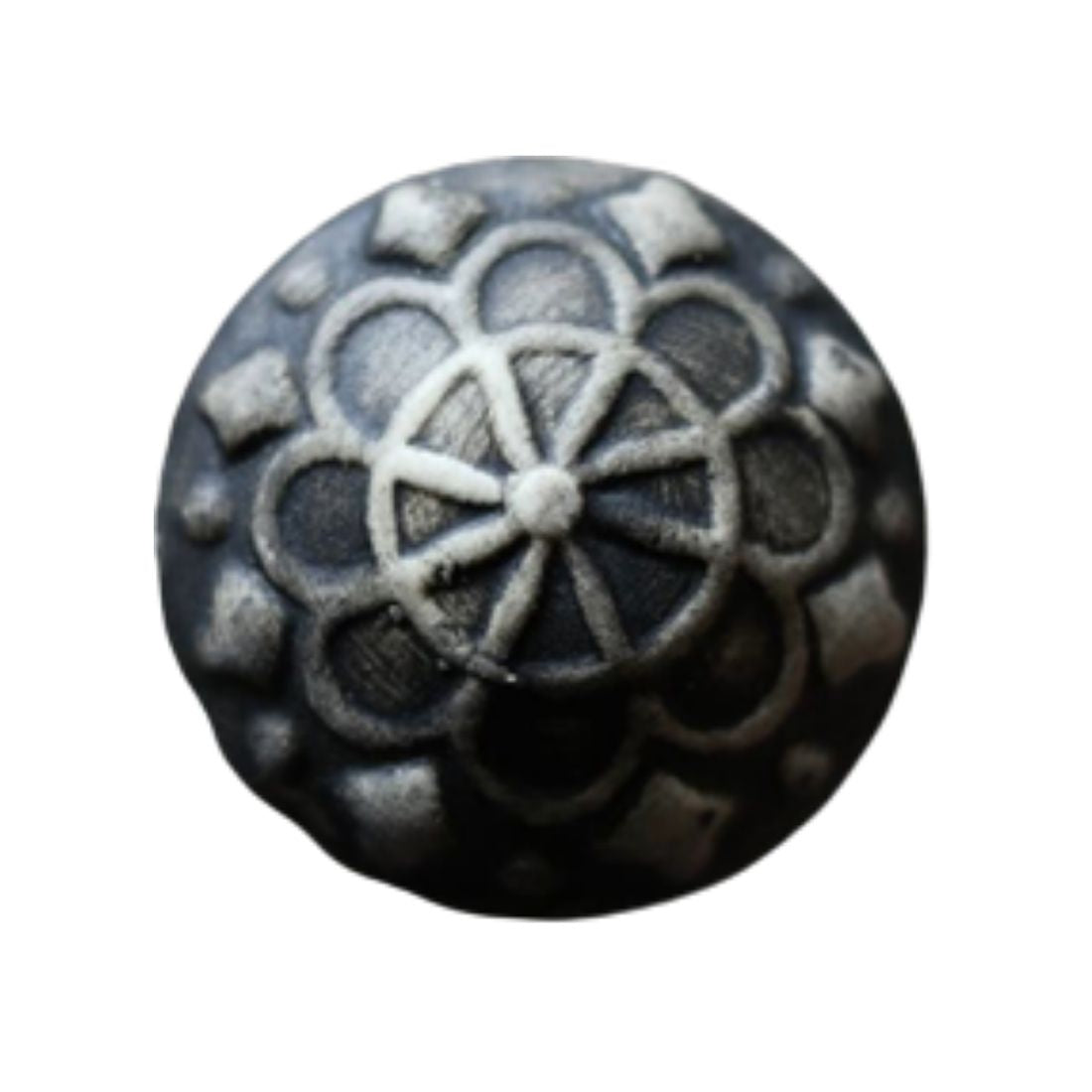 Ceramic Round Knob - Dark Gray Flower and Diamond Pattern