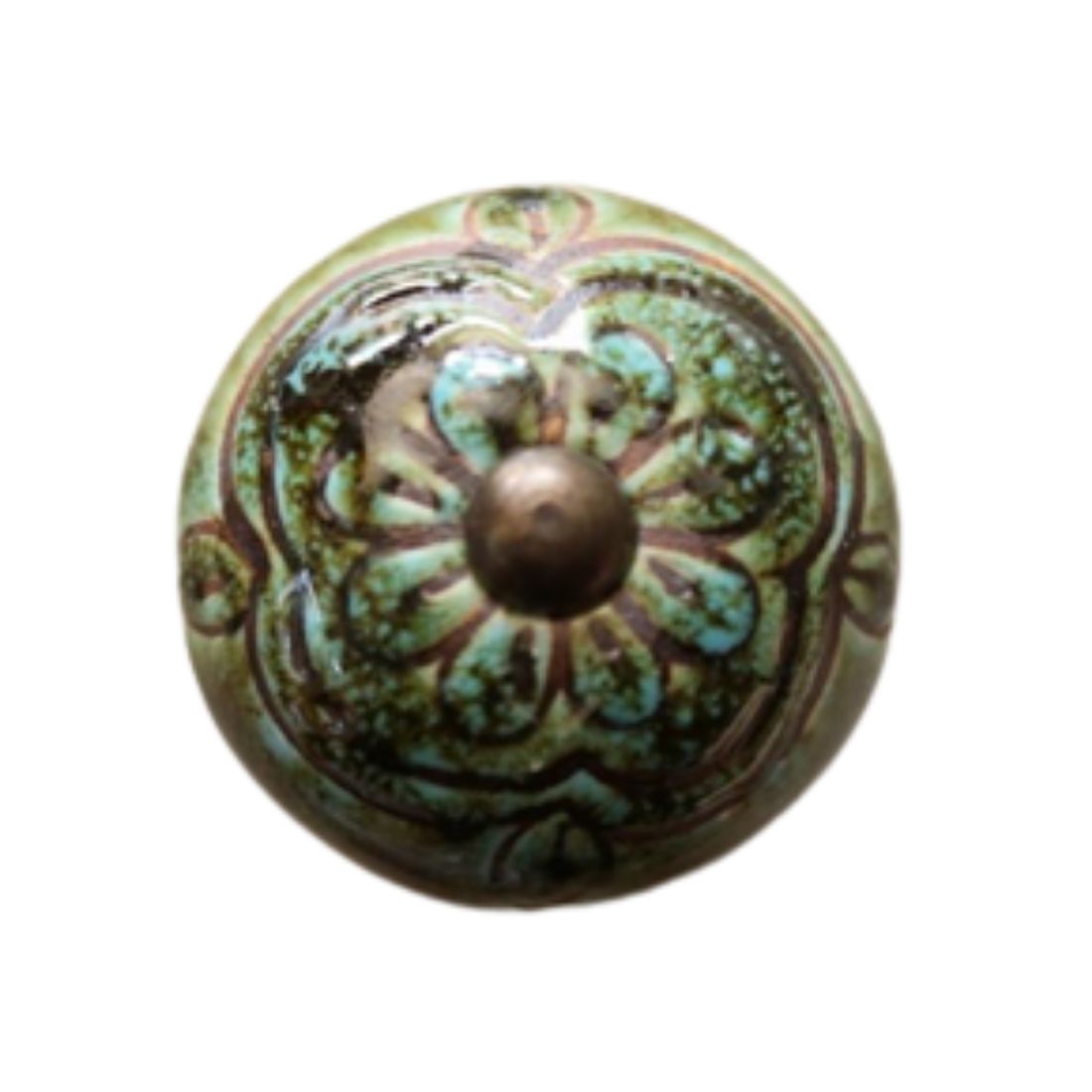 Ceramic Round Knob - Dark Green, Teal, Blue Flower Pattern