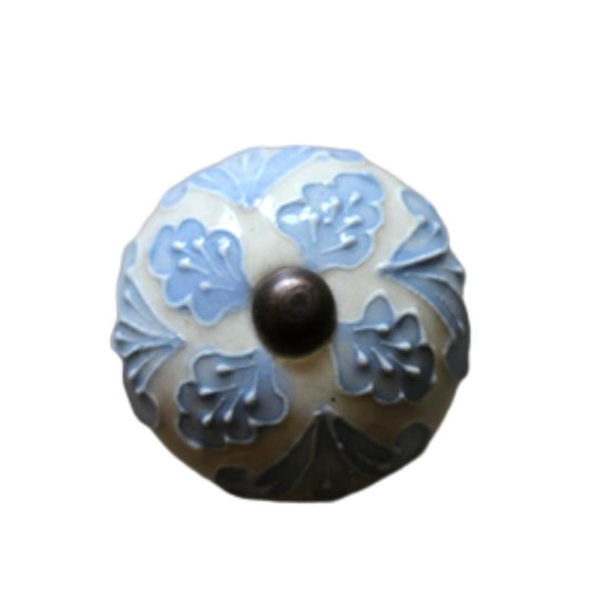 Ceramic Round Knob - Gray Blue and White Flower Pattern