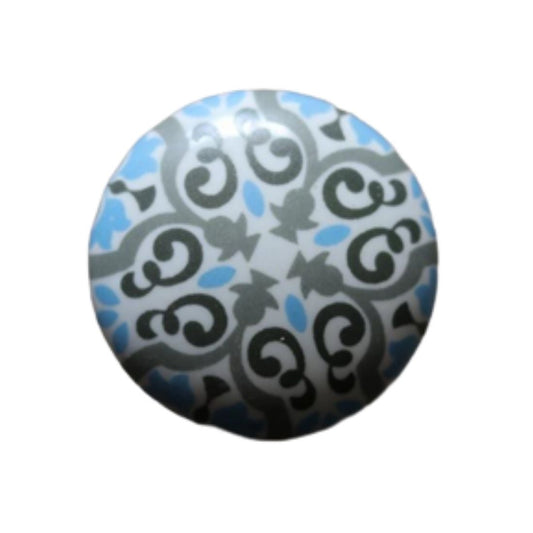 Ceramic Round Knob - Gray, Dark Gray, Blue and White Geometric Pattern
