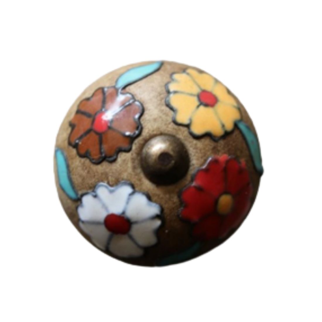 Ceramic Round Knob - Red, Brown, Yellow, White, Teal Flowers
