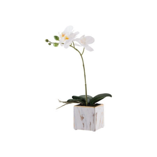 White Artificial Orchid In White-and-Gold-Marble-Painted Pot (33 cm)