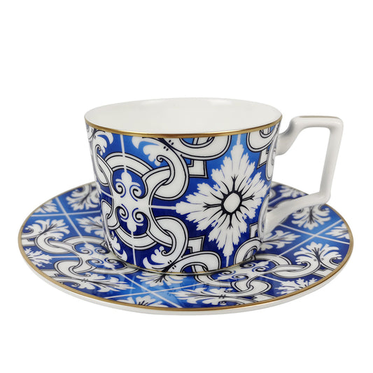 Teacup and Saucer - Athens - Blue Geometric Pattern - by Nicolson Russell