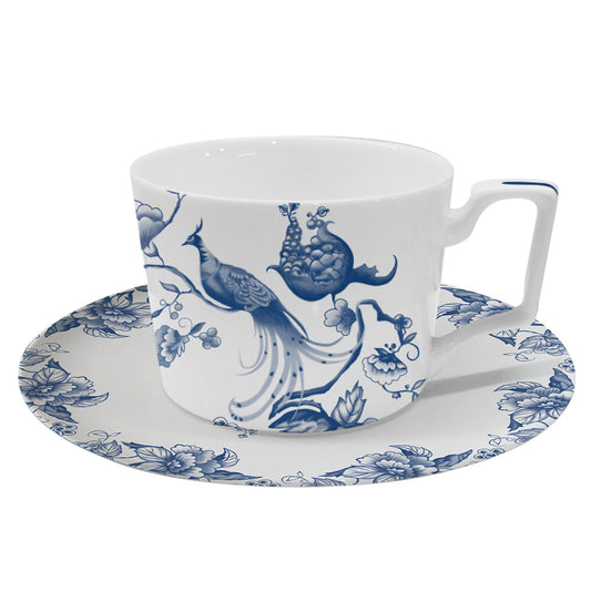 Teacup and Saucer - Blue with Peacock, Fruits and Flowers Pattern - Cairo by Nicolson Russell