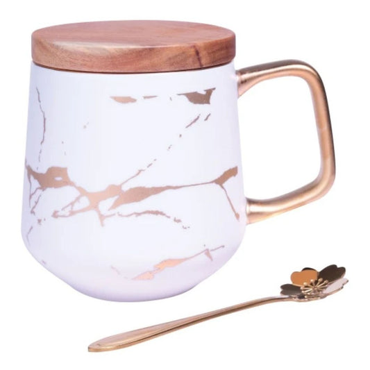 Nicolson Russell Coffee Mug White Kintsukuroi / Kintsugi White and Gold Mug with Lid and Gold Plated Teaspoon by Nicolson Russell